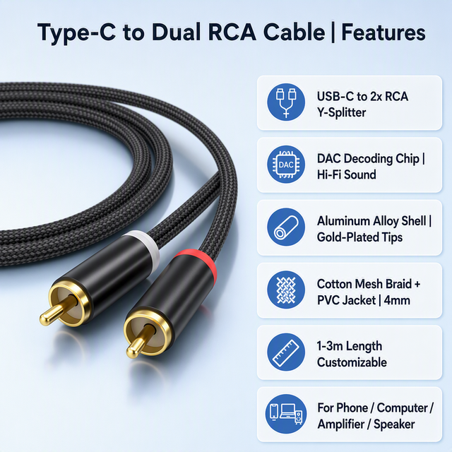 Type-C to Dual RCA Male 1-to-2 Audio Playback Cable, Phone & PC to Amplifier Mixer Active Speaker, Customizable Length