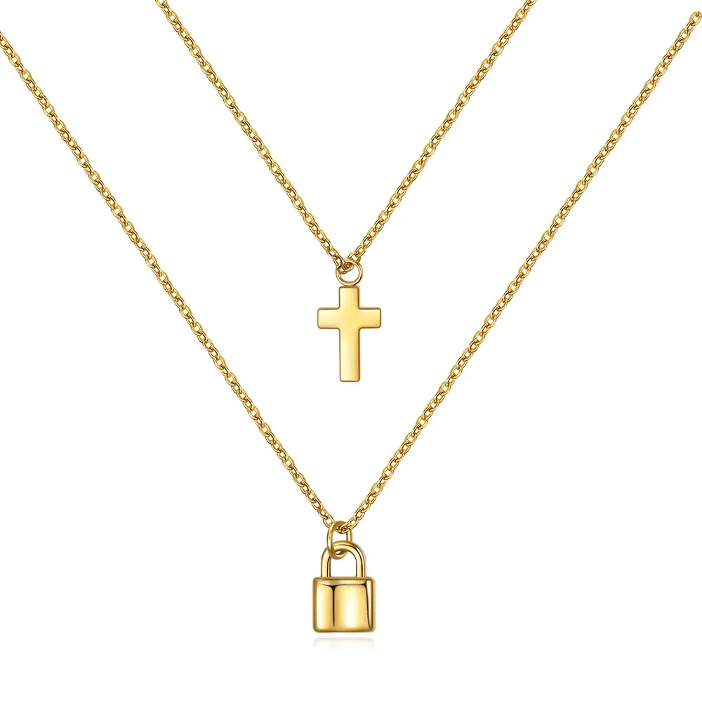 Simple and fashionable 18K Gold padlock retro Double Cross Pendant necklace clavicle chain stainless steel Choker