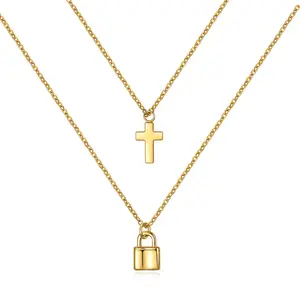 Collier avec pendentif Double croix en or, 18K, Simple et à la mode, ras du cou, en acier inoxydable