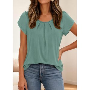 Chemisier à manches courtes pour femmes, col rond, plissé, t-shirt basique décontracté, haut de printemps et d'été, tissu en polyester respirant - Product Image 3