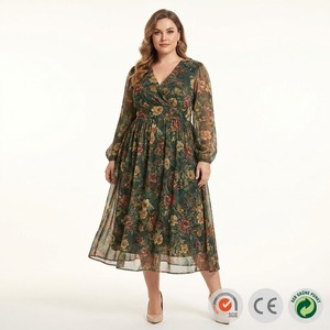 Abito Midi Floreale in Chiffon da <span class=keywords><strong>Donna</strong></span>, Scollo a V, Vita Impero, <span class=keywords><strong>Maniche</strong></span> <span class=keywords><strong>Lunghe</strong></span>, 100% Poliestere, Non Trasparente, per Invitate a Matrimoni, Taglie Forti S-5X - Product Image 1