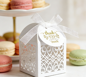 <b>White</b> Hollow Out Favor <b>Box</b> Made Of Pearlescent Cardboard With Laser Engraving And Organza Ribbon Fresh - Product Image 3