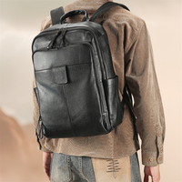 Tas Ransel Laptop Bisnis Kulit Asli dengan Tali Bahu Lengkung, Penutup Ritsleting, Kapasitas Besar untuk Perjalanan Sehari-hari dan Perjalanan