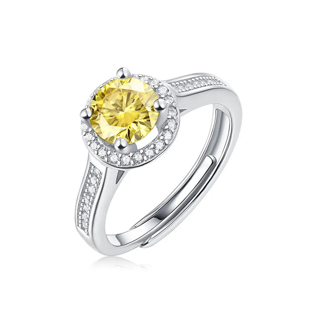 AD Jewelry S925 Sterling Silver Ring Resizable 1 Carat Yellow Moissanite Ring White Gold Plated Engagement