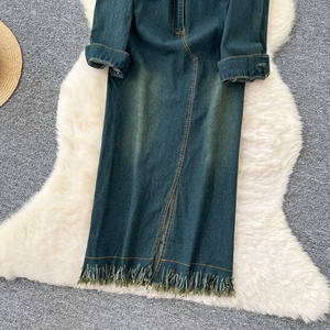 Vestido de mezclilla retro de manga larga con solapa y cintura atada, estilo maduro y elegante, de un solo botón, para mujer, que estiliza la figura. - Product Image 2