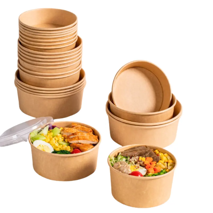 JIANI Factory Direct Sales Kraft Paper Takeaway Kraft Disposable Paper Soup Cup Salad Bowl Kraft Fast Food Bowl with Lid