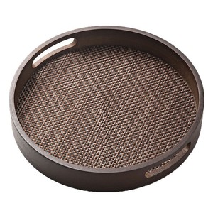 Plateau de service rond en bois avec tapis tissé pour le thé, le café, les fruits, usage hôtelier - Product Image 5