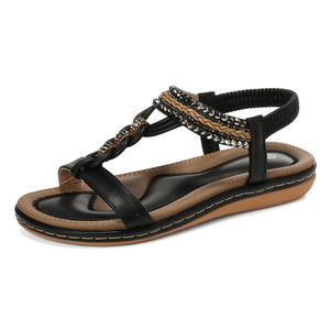 Elegant Black T-Strap Flat Sandals Open Toe Summer Women <b>Shoes</b> Genuine Leather Upper Rhinestone Decoration Buckle Closure - Product Image 3