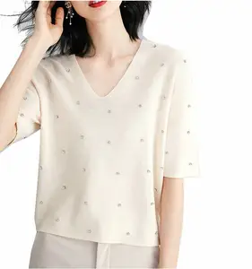 Camisa de verão feminina estilo coreano, meia manga, fleece, raglan, miçangas, feminina