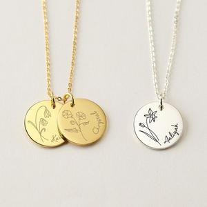 Collier vintage en acier inoxydable plaqué or 18k pour femmes, bijoux en forme <span class=keywords><strong>de</strong></span> pièce <span class=keywords><strong>de</strong></span> monnaie, pendentif gravé <span class=keywords><strong>fleur</strong></span> <span class=keywords><strong>de</strong></span> <span class=keywords><strong>naissance</strong></span> avec nom, vente en gros - Product Image 3