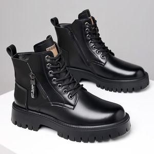 Botas de Trabajo para Hombre, Estilo Británico Retro, con Cordones y Cremallera, de Cuero Sintético Antideslizante y Duradero, con Suela Gruesa y Forro de Piel - Product Image 4