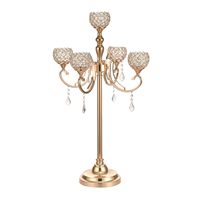 Candélabres dorés à 5 bras pour décorations de mariage, centres de table, chandeliers en métal avec support de lustre orné de perles de cristal