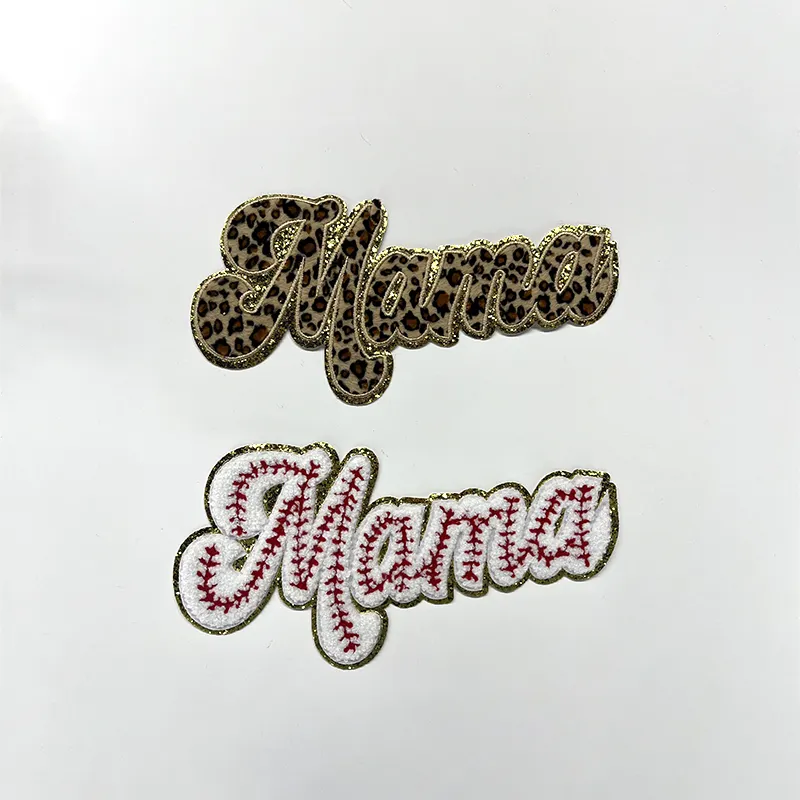 großhandel individuelles logo hohe qualität rosa groß chenille bestickt sport mama blau hitze leopardenmuster mama chenille patches