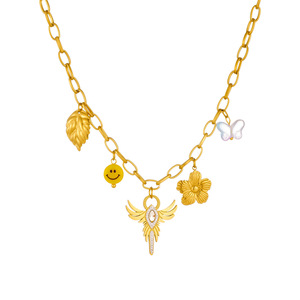 European American <b>Light</b> Luxury Winged Cross Pendant Gold Plated Stainless Steel Necklace With Flower <b>Leaf</b> Smiley Charm - Product Image 5