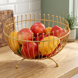 Golden Wire Fruit <b>Basket</b> Round <b>Metal</b> Storage Container Durable Kitchen Decor Modern Style - Product Image 5