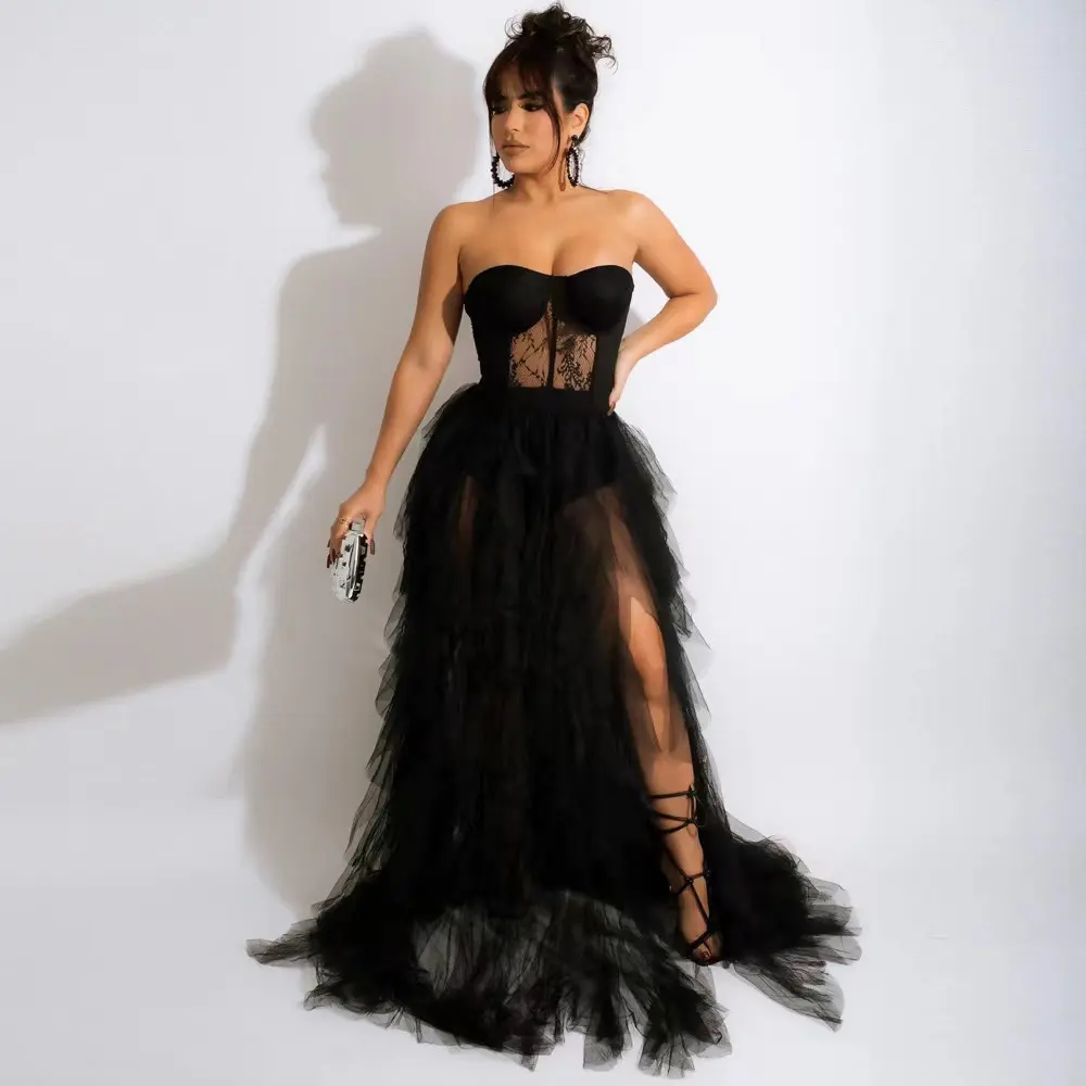 2022 New style fashion sexy tube top lace elegant split halter gown sleeveless ladies net yarn temperament tailing evening dress