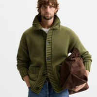Logo personnalisé design tricots haut en tricot lourd à manches longues coton hiver tricoté hommes pull cardigan avec poches