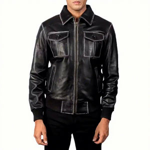 Blouson Bomber Homme en Cuir Véritable Noir, Col Chemise, Poches à Rabat sur la Poitrine, Manteau en Peau de Mouton Vieilli, Veste Extérieure Personnalisée Style Trucker Vintage - Product Image 1
