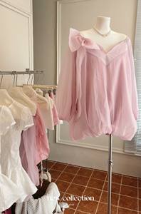 Robe volumétrique rose à col en V et manches bouffantes avec nœud, robes décontractées 100% polyester, taille ample, OEM/ODM - Product Image 3