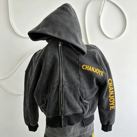 Hoodie Pria Bordir Resleting Sobek Distressed Acid Wash Katun 100% Tebal dengan Logo Sablon Kustom