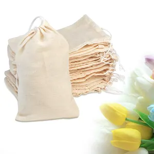 Bolsa de musselina pequena com cordão branco para uso ecológico, tecido 100% orgânico de tecido de chita e algodão com logotipo personalizado impresso