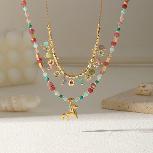 สร้อยคอพลอยขายส่ง สแตนเลส 316 ชุบทอง 18K สร้อยคอรูปยูนิคอร์นประดับด้วยหินธรรมชาติสีชมพู สร้อยคอแบบโชคเกอร์สำหรับผู้หญิง - Product Image 2