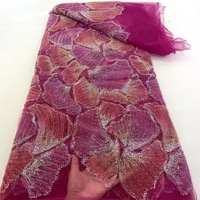 Tissu en maille de dentelle à sequins et perles rouges, motif brodé tricoté chaîne, écologique, pour robes de mariée nigérianes