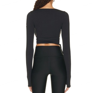 Women's Sports Yoga Tops <b>Black</b> Full <b>Wrapped</b> Bandage Tie Sports Long Sleeve V Neck Yoga Tops and Legging Yoga Sets for Women - Product Image 4