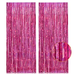 Nguồn Cung Cấp Bên Sinh Nhật Đám Cưới Bachelorette Bé Tắm Backdrop Trang Trí 3.2x 8.2ft Màu Hồng Kim Loại Tinsel Foil Fringe Rèm Cửa