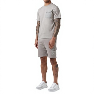 Ensemble t-shirt et short en coton gris pour homme, col rond, couleur unie, tenue décontractée d'été, 100% coton, ensemble d'été pour homme - Product Image 3