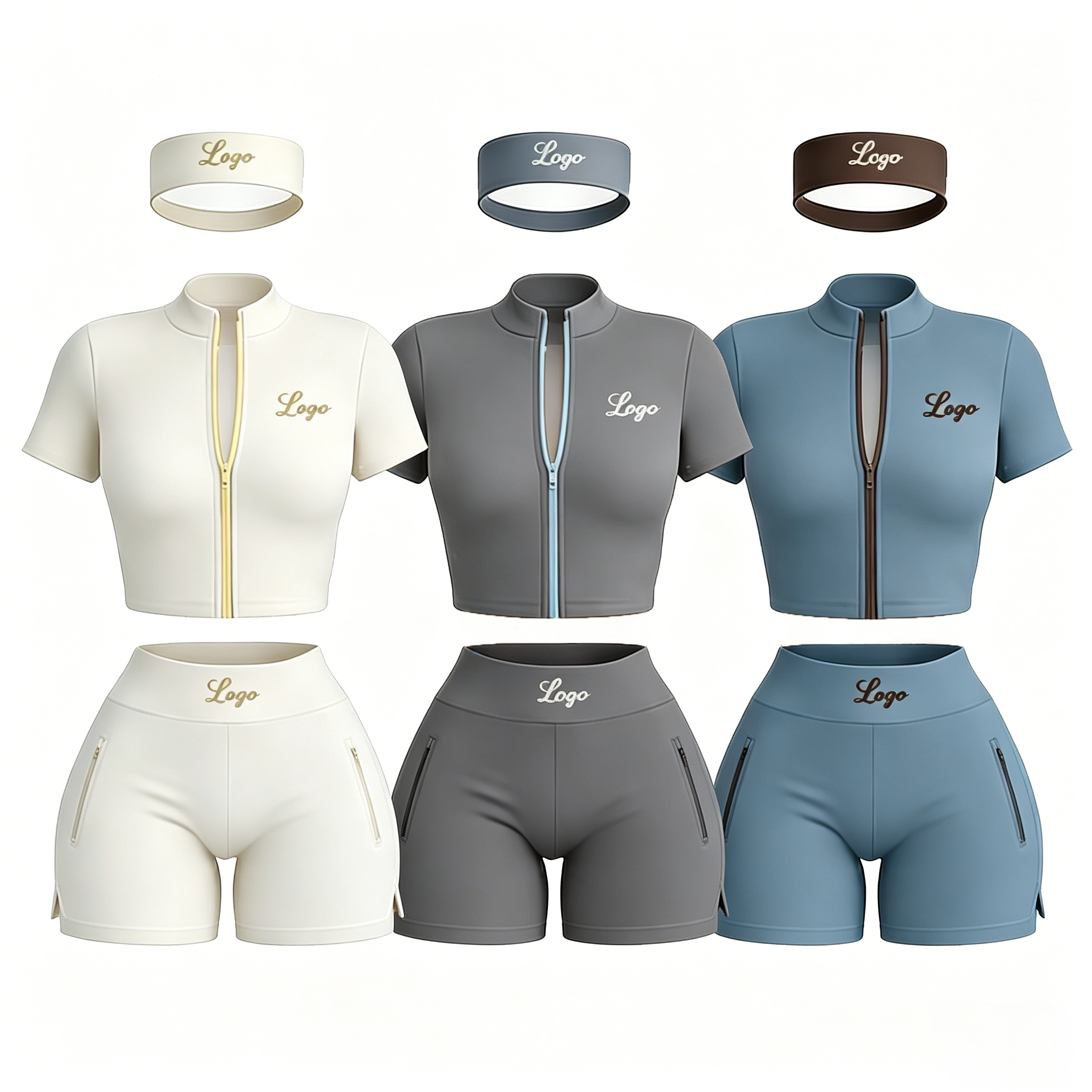 Activewear Gym Yoga Fitness Two Piece Set Women Clothing Short Sleeve Zip Up Jacket With Headband Shorts Custom Workout Sets