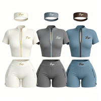 Activewear Gym Yoga Fitness Two <strong>Piece</strong> <strong>Set</strong> Women Clothing <strong>Short</strong> Sleeve Zip up Jacket with Headband <strong>Shorts</strong> Custom Workout <strong>Sets</strong>