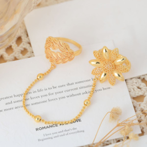 Anillo Doble <span class=keywords><strong>de</strong></span> Lujo con Filigrana <span class=keywords><strong>de</strong></span> Girasol <span class=keywords><strong>de</strong></span> Dubái, Chapado en <span class=keywords><strong>Oro</strong></span> <span class=keywords><strong>de</strong></span> 18K, Estilo Árabe, Anillo <span class=keywords><strong>de</strong></span> Cadena Ajustable para Mujer - Product Image 3