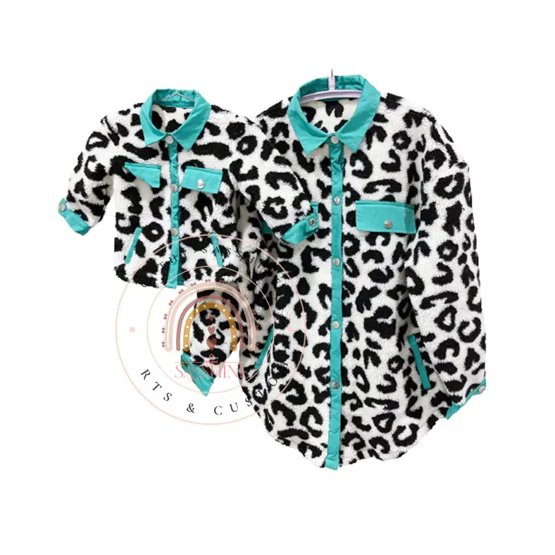 Cowgirl Western Teal Leopard Sherpa Jacket Mommy and Me outfit bambini cappotto di pelliccia ragazze Shackets