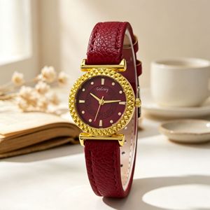 Reloj de Pulsera de Cuero para Mujer, Estilo Europeo Vintage, Caja Redonda con Patrón de Llave Griega, Bisel Dorado, Elegante, Casual, de Cuarzo - Product Image 6