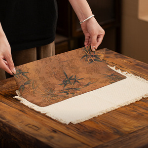 Tapete de té de brocado de lino y algodón con borde de borlas, 30x45cm, lavable, aislante del calor, para ceremonia del té - Product Image 2