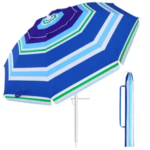 7FT 8FT Portable Blue Big Outdoor Parasol Heavy Duty Tilt UV50+ twist in Sand Sun Beach Umbrella with Carry Bag for Patio Garden