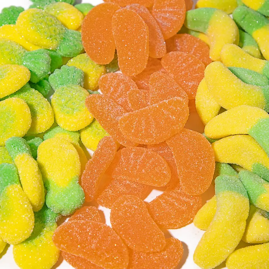 卸売ハラール複数フルーツ形グミ歯ごたえオレンジバナナパイナップル充填グミキャンディー