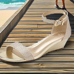 Sandales compensées à paillettes à bout ouvert avec bride de cheville et plateforme, à enfiler, pour femme, idéales pour la plage - Product Image 1