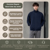 Blouson unisexe personnalisé ODM en gros, col montant zippé, bleu marine, coupe oversize, décontracté, en polaire coupe-vent, pour l'automne, avec frais supplémentaires pour le lavage.
