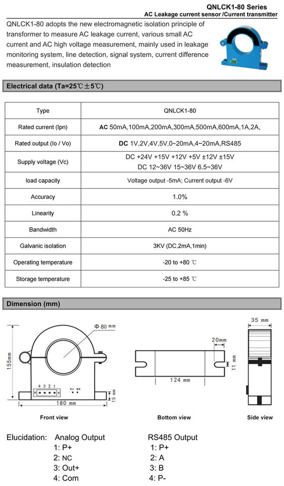 Leakage Current Sensor Rs485 QNLCK1-80 200mA 600mA 1A 4 to 20mA Ac Ct Split Core Current Transformer Residual Current Sensor