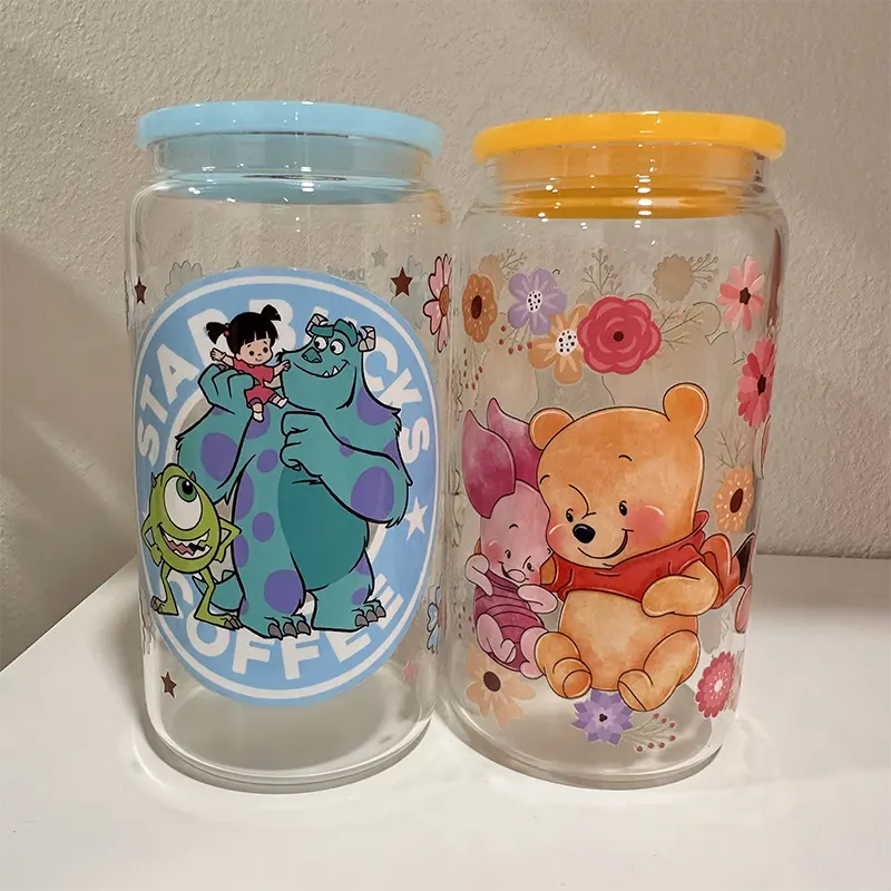 Cartoon Honey Bear Stich UV DTF Cup Wrap for Glass 16oz Cute Cartoon Stickers for Cup Tumbler Waterproof Decal for Water Bottles