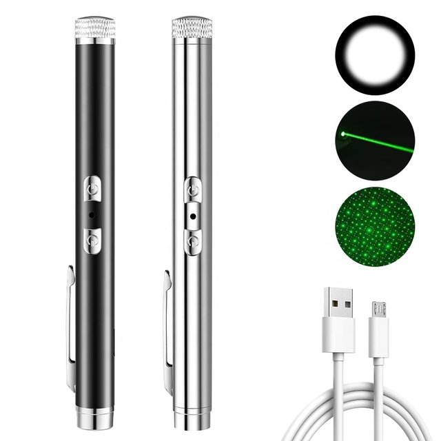Rechargeable 2-in-1 Green Laser Pointer Pen with LED Flashlight Type-C Charging Stainless Steel Laser Pen Adjustable Pattern