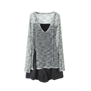 Ensemble de couverture tricotée Happy Plus pour femmes grandes tailles, haut décontracté ajouré avec short noir gris N8889 - Product Image 4