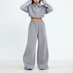 Survêtements d'automne pour femmes, mode streetwear, veste courte à fermeture éclair et col à revers, ensemble de pantalons de survêtement en coton French Terry 100% pour femmes - Product Image 3