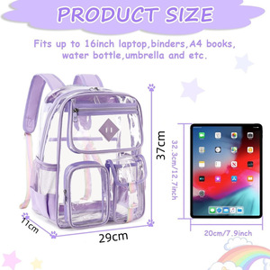 Transparent Pvc <b>Backpack</b> 18 In With Multiple Pockets For School Education Unisex Light Purple - Product Image 3