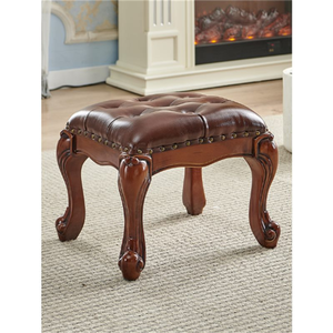 Repose-pieds de style villa traditionnel avec pieds en bois massif, tabouret rembourré en cuir véritable, antique, pour chambre d'enfant, salon, divers modèles - Product Image 4