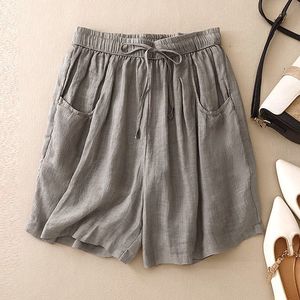 Women's Cotton Linen Shorts <b>Elastic</b> Waist Loose Fit With Pockets Casual Summer Wear Khaki - Product Image 3