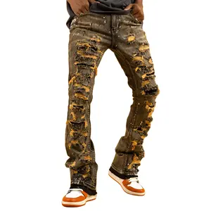 KINGSOURCE GARMENT hormigas Vintage Custom stacked jeans acampanados Hombres Pantalones acampanados jeans hombres Custom Streetwear Baggy Denim