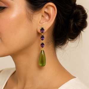 Elegantes pendientes chapados en oro con piedras de amatista y piedras en forma de lágrima verdes, joyería clásica para fiestas para mujer - Product Image 3